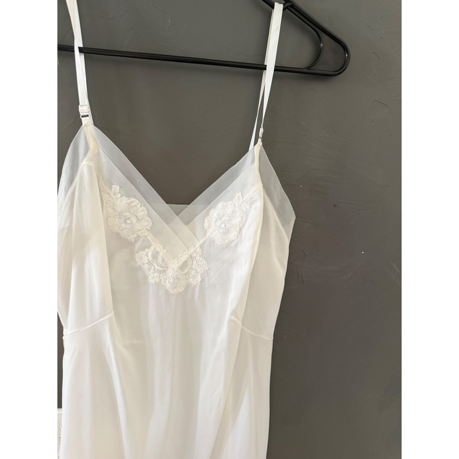 Vintage White Lace Trim Full Slip Dress Coquette Sheer Mesh V-Neck