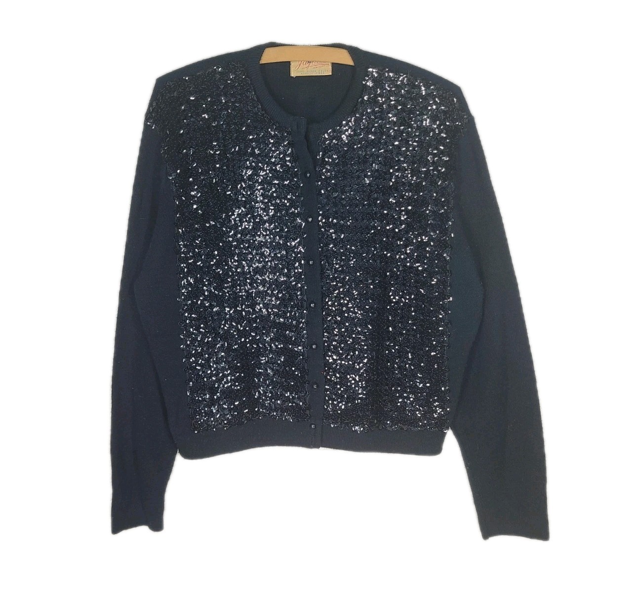 Vintage 1960s Cardigan Sweater XL Jaymar Black Sequin 100% Acrylic Pinup Sparkle