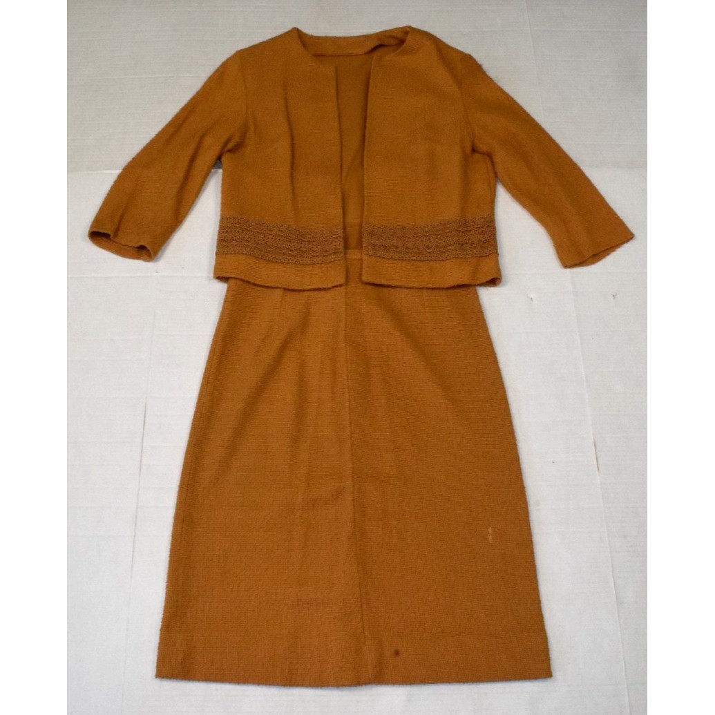 VTG Skirt Jacket Set Size S 60s Honey Brown Coarse Cotton Knit Union Made USA