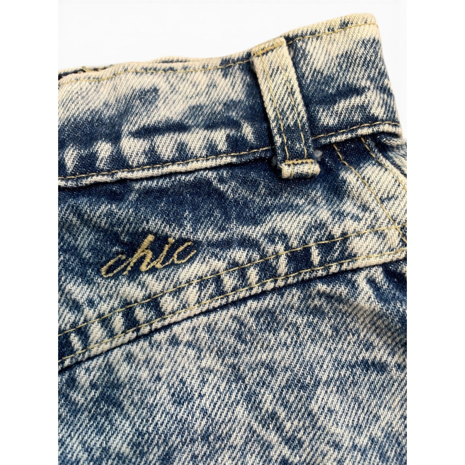 Vtg 80s Chic by HIS Acid Wash Denim Mini Skirt High Waist Jean Made in USA W26