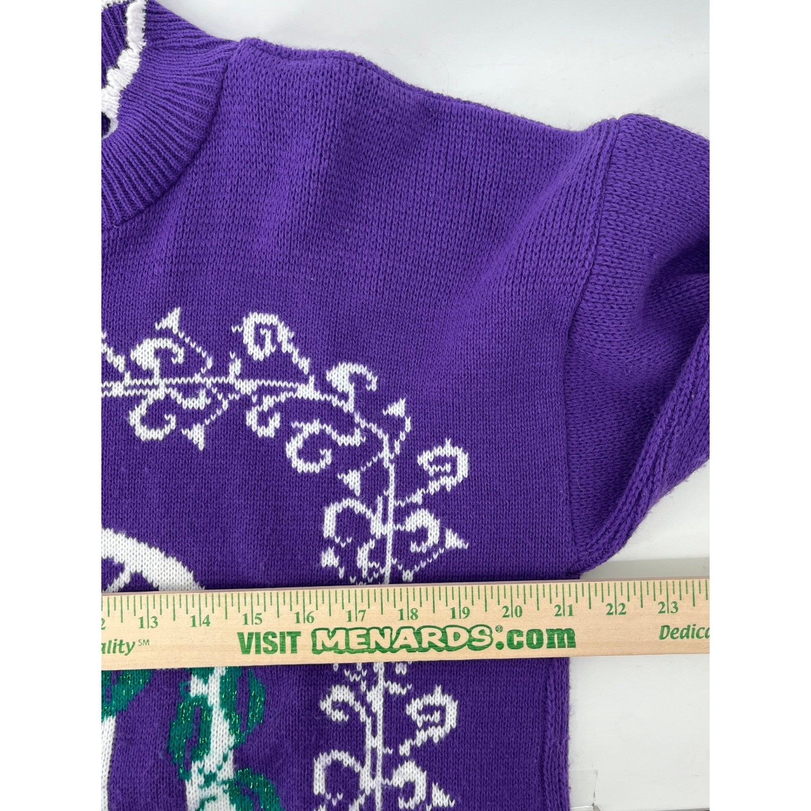 Vintage Spunky Purple Cat Window Intarsia Knit Sweater Mock Neck Scalloped Trim