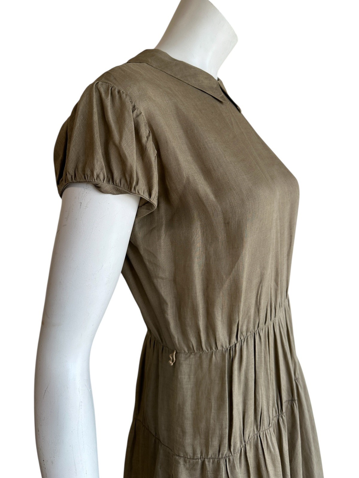1940s 1950s Olive Green Dress Peter Pan Collar Rayon Linen Feel