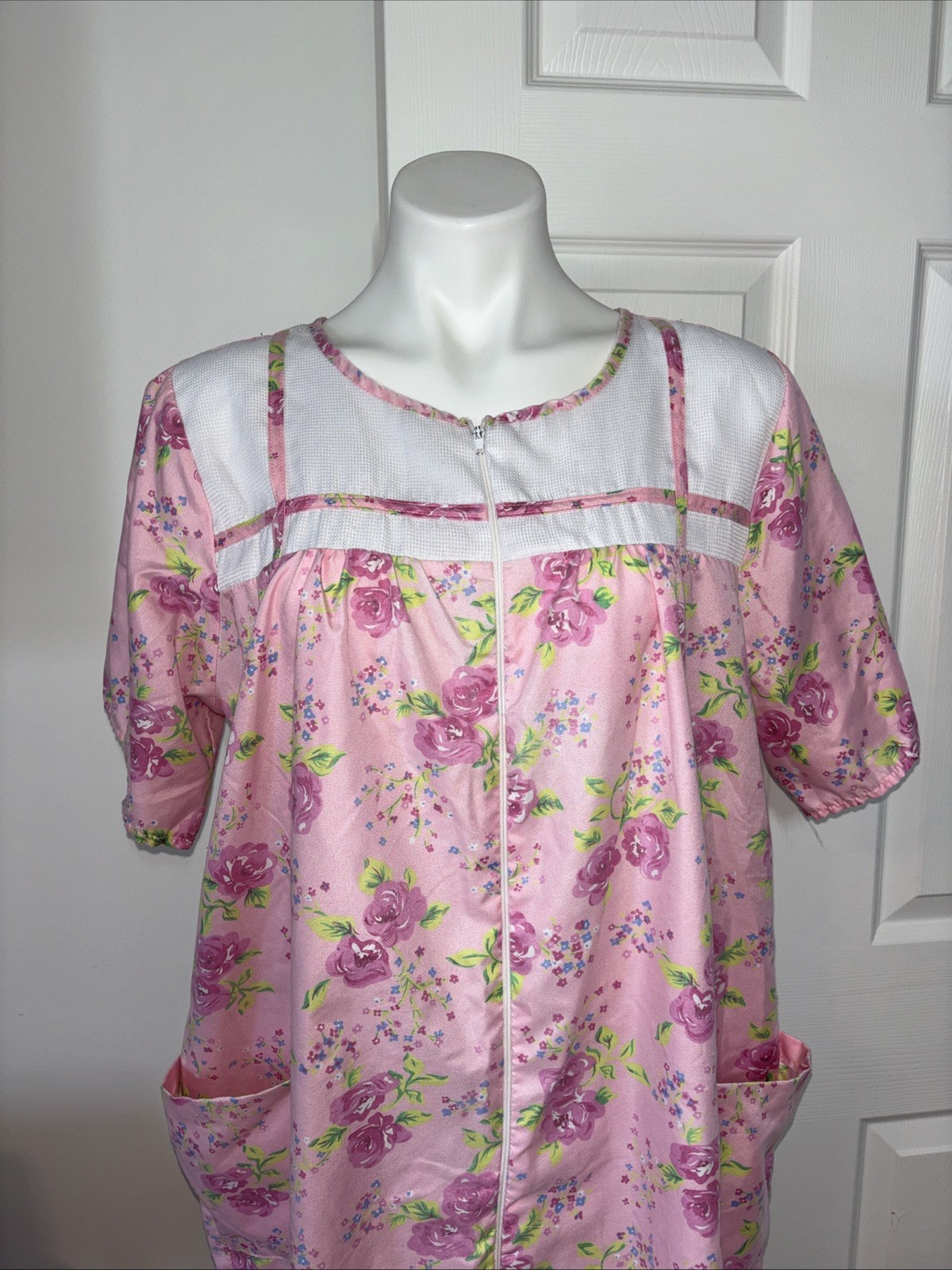 Vintage Casual Nights Pink Floral Zip Front House Coat Dress Nightgown XL
