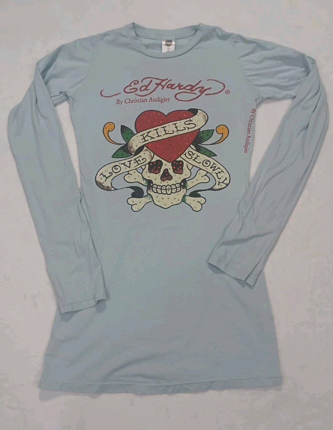 VTG Ed Hardy Rhinestone Shirt Women M Blue Love Kills Slowly Long Sleeve Y2K USA