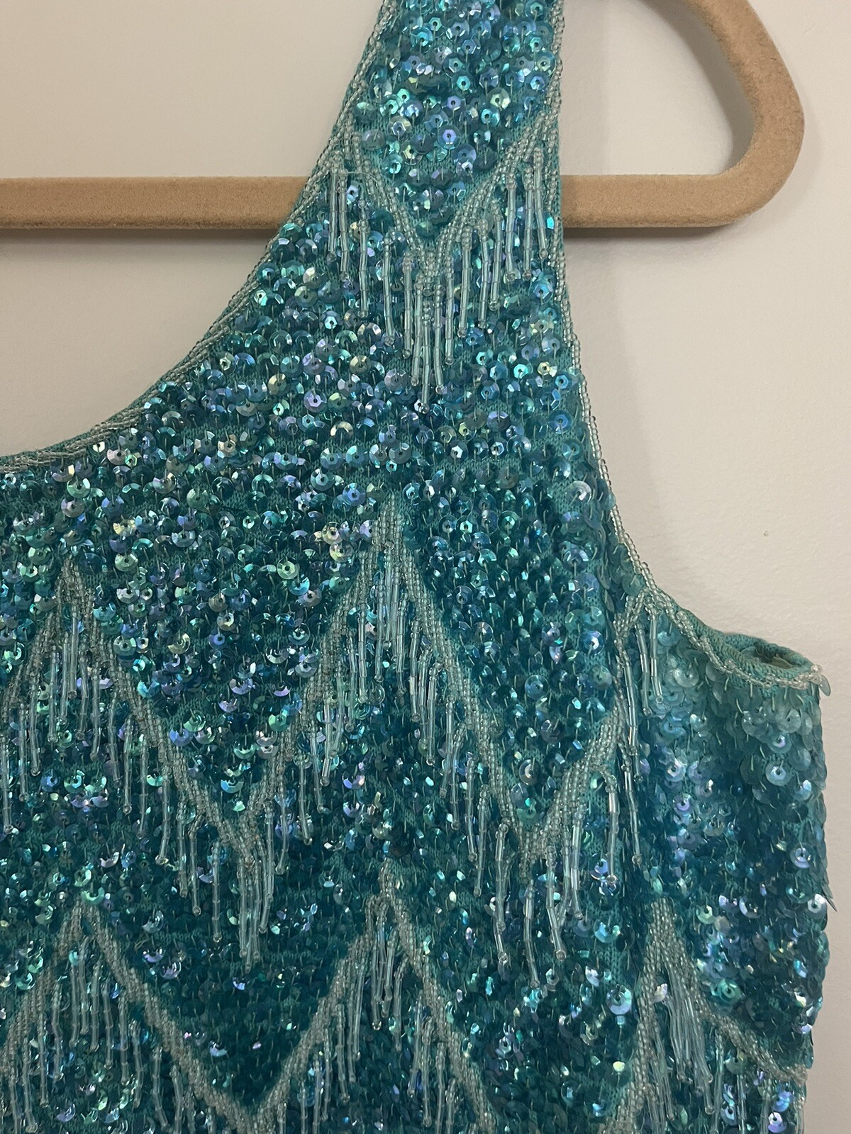 Vintage 1960s Hand Beaded Turquoise Sequin Fringe Top Art Deco Gatsby Flapper
