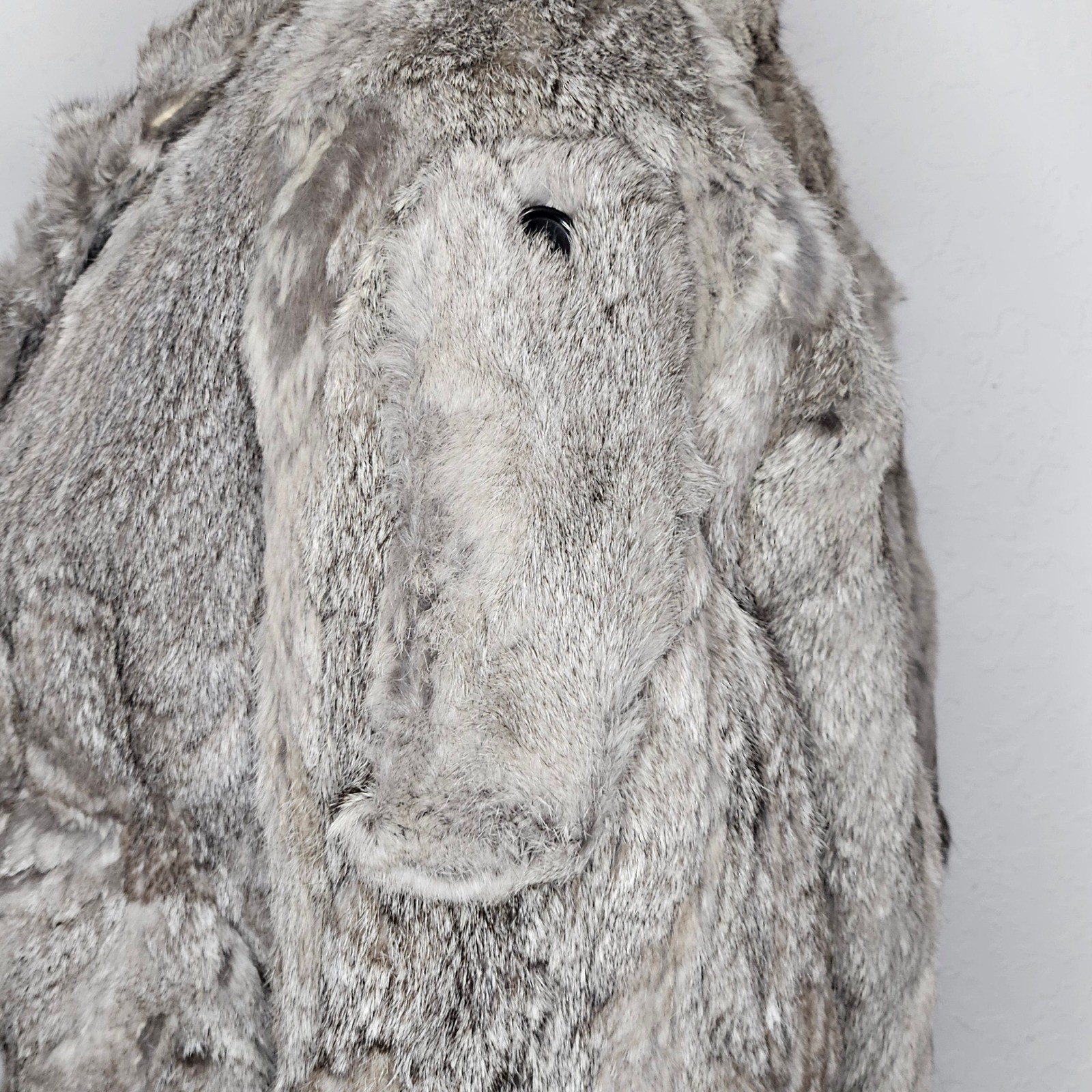 Vintage Genuine Rabbit Fur Coat Grey White Shawl Collar Cropped Jacket