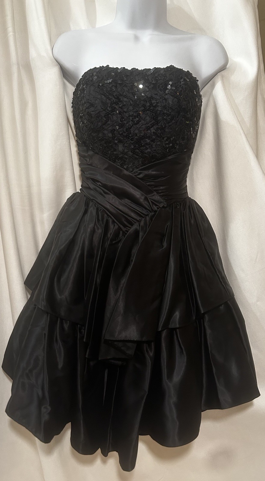 Vtg 80s Prom Formal Black Satin Sequin Strapless Big Bow Crinoline Mini Dress