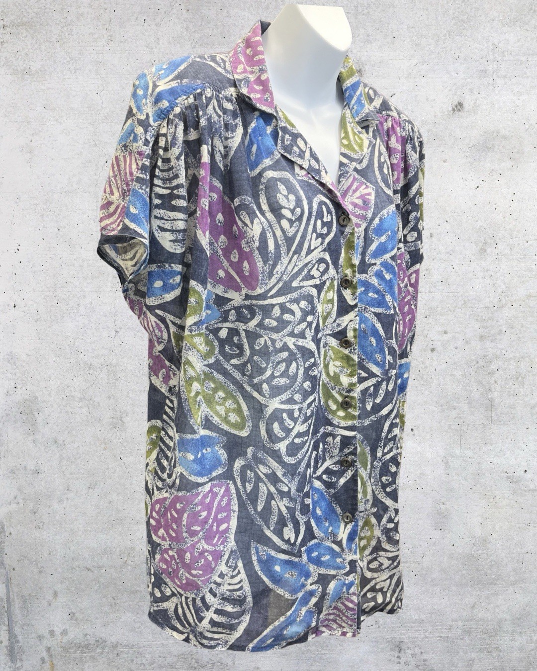 Vintage 90s Abstract Leaf Print Blouse Womens XL Gray Blue Purple Shoulder Pads