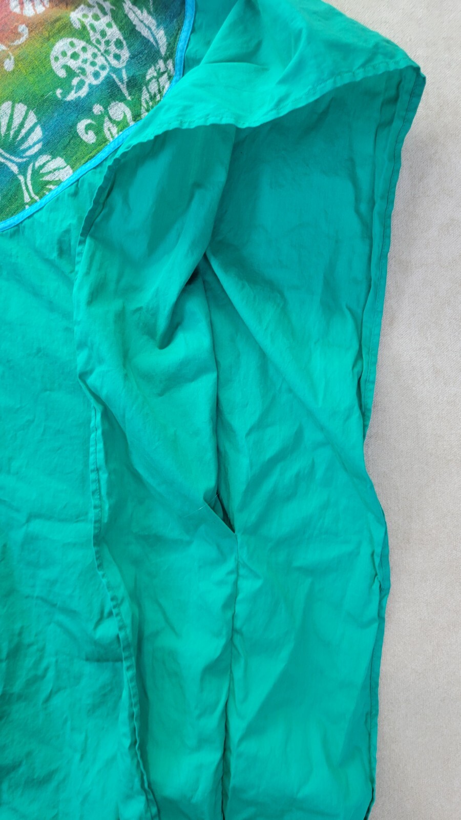 Vintage Womens Teal Muumuu With A Multi Colored Cheese Cloth Vneck Design