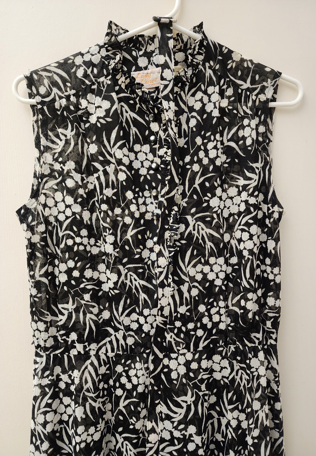 VTG Lady Carol Of New York Sheer Sleeveless Floral Black & White Dress Size 12