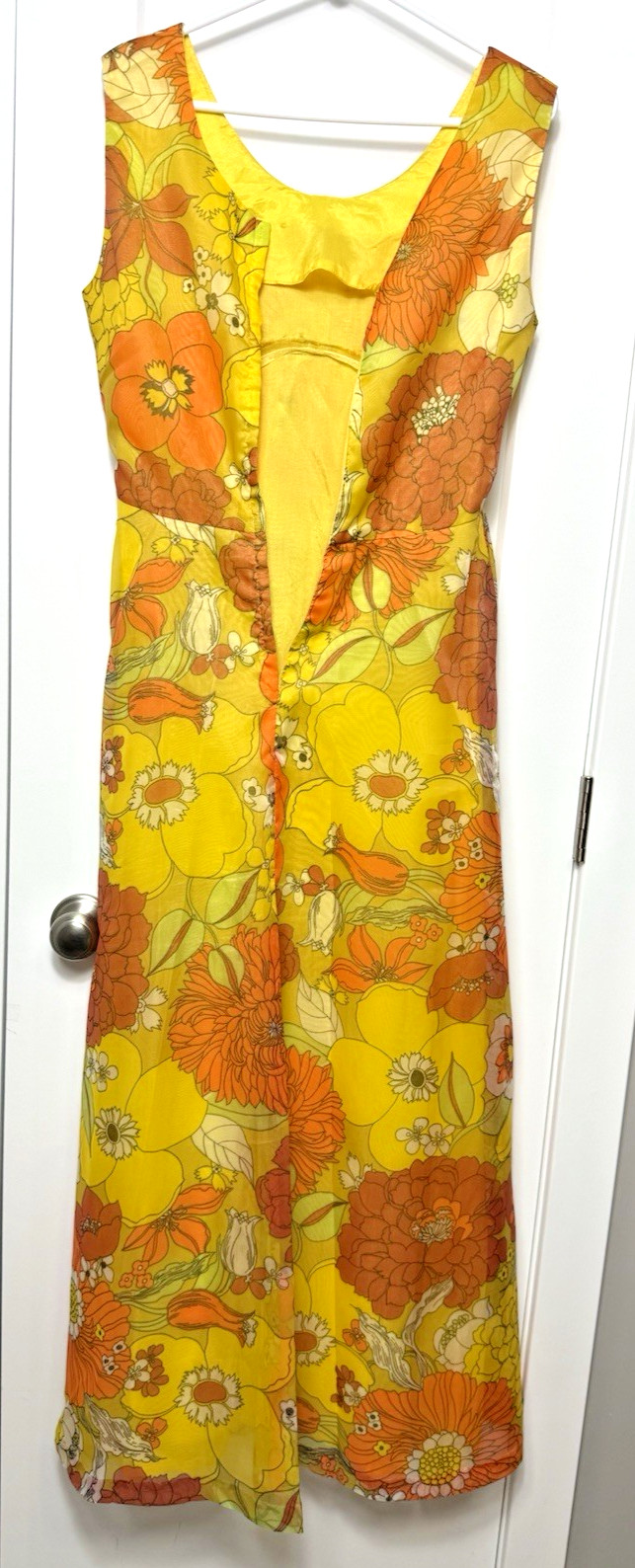 Vtg 60’S Groovy Orange Yellow Sheer Floral Maxi Dress Stiff Chiffon Long Jacket