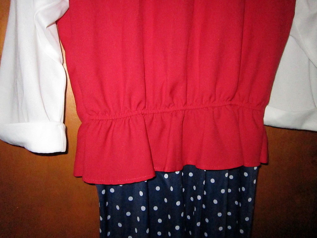 1970s VINTAGE Red vested & Navy blue polka dotted dress w/ white blouse size 10