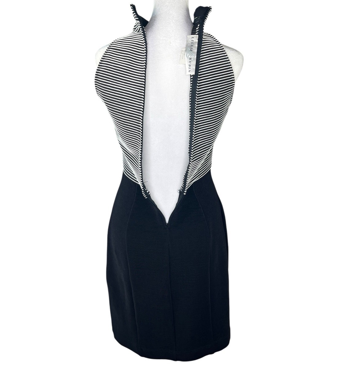 Vintage Y2K Retro TADASHI Black Striped Halter Top Bandage Fitted Dress MEDIUM