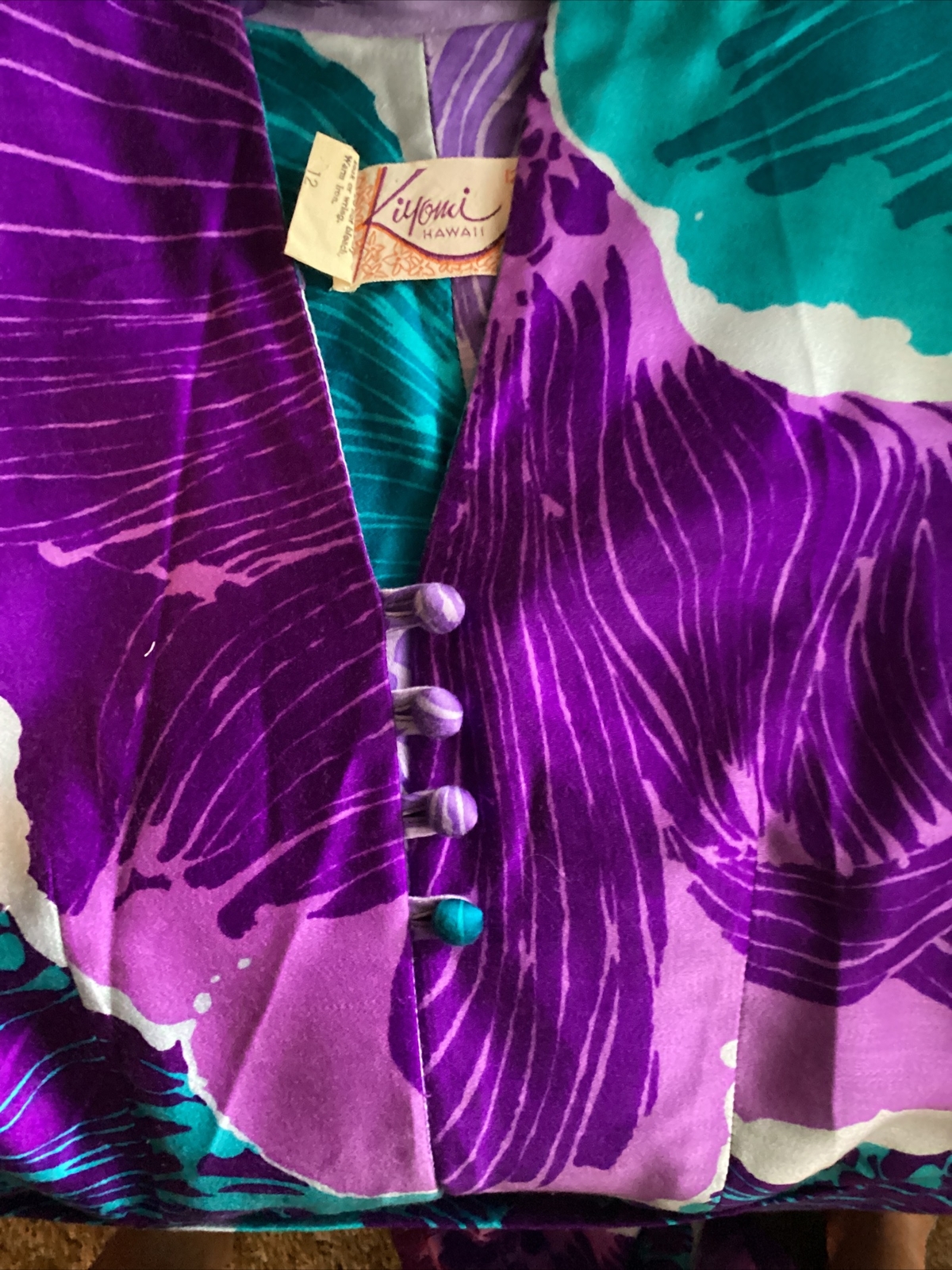 VTG Kiyomi Hawaii Maxi Dress Purples & Blues Button Front Belt Sleeveless Sz 12