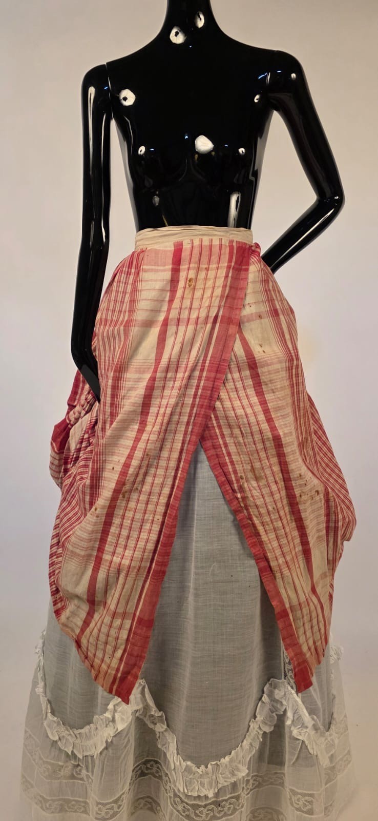 VICTORIAN 19TH C PLAID COTTON POLONAISE BUSTLE BACK OVERSKIRT SKIRT
