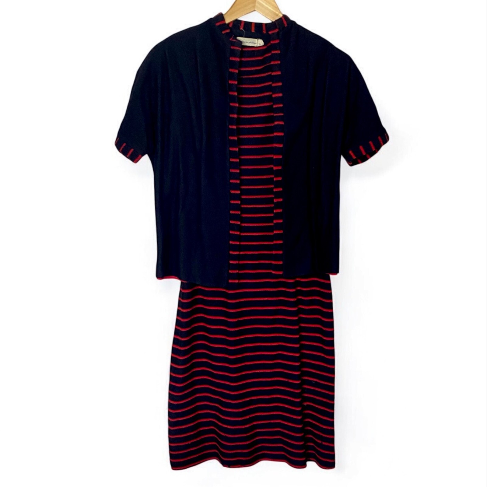 Vintage 1940s Striped Knit Dress Set By Marie Phillips – Retro Belted w/ Jacket