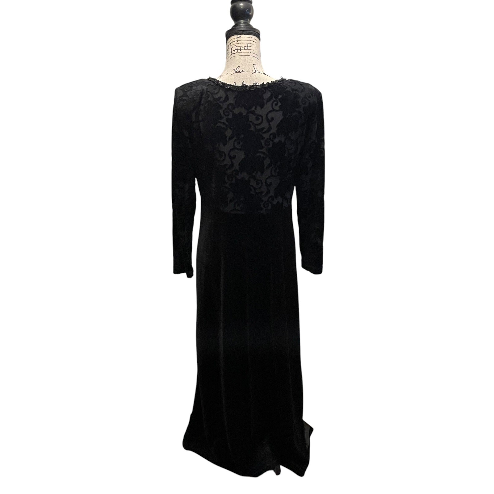 Vintage Molly Malloy Velvet Dress Gown Black Size 12 Burnout Floral beaded USA