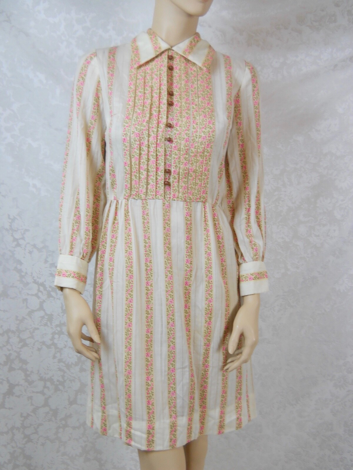 Stacy Ames Prairie Dress Cream Yellow Stripes Pink Flower Metal Zipper S Cottage