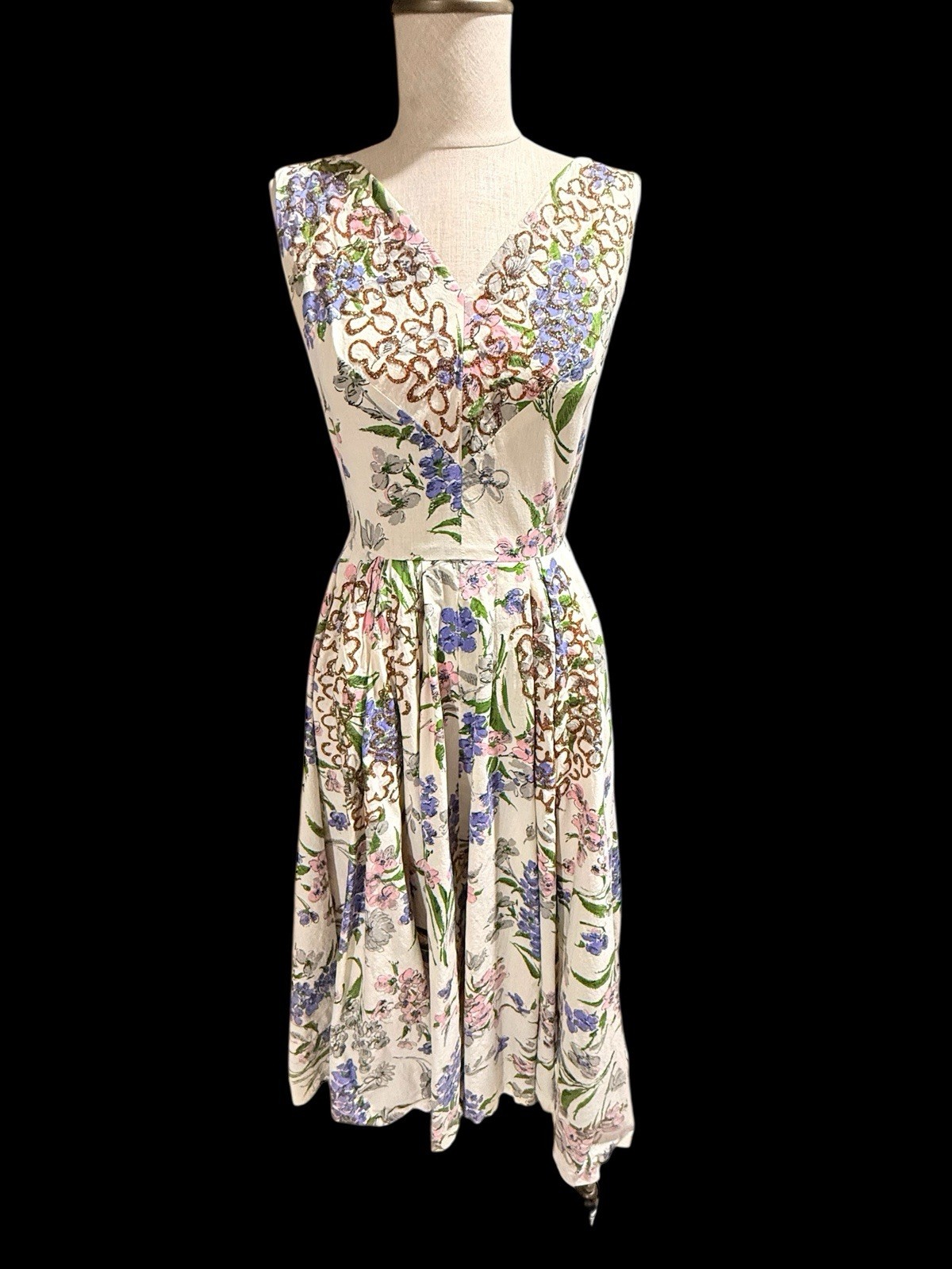 1950- Fit & Flare Floral Party Dress with Glitter Accents – Garden Tea Length