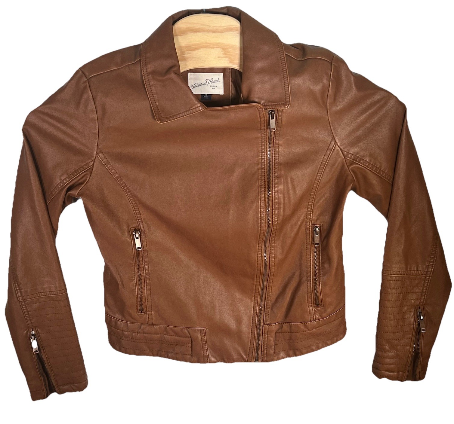 VTG Universal Threads Jacket Size M Brown Full Zip Detailed Stitching Pleather
