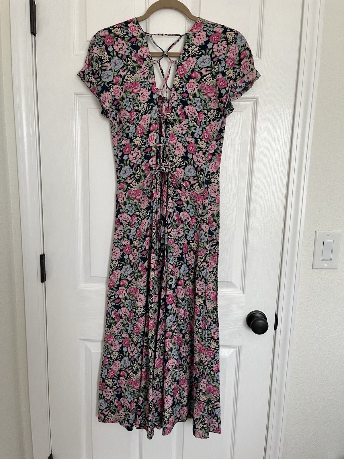 Vintage Switch Made In USA Dress Black Floral Women’s Tie Back Cottagecore 90s