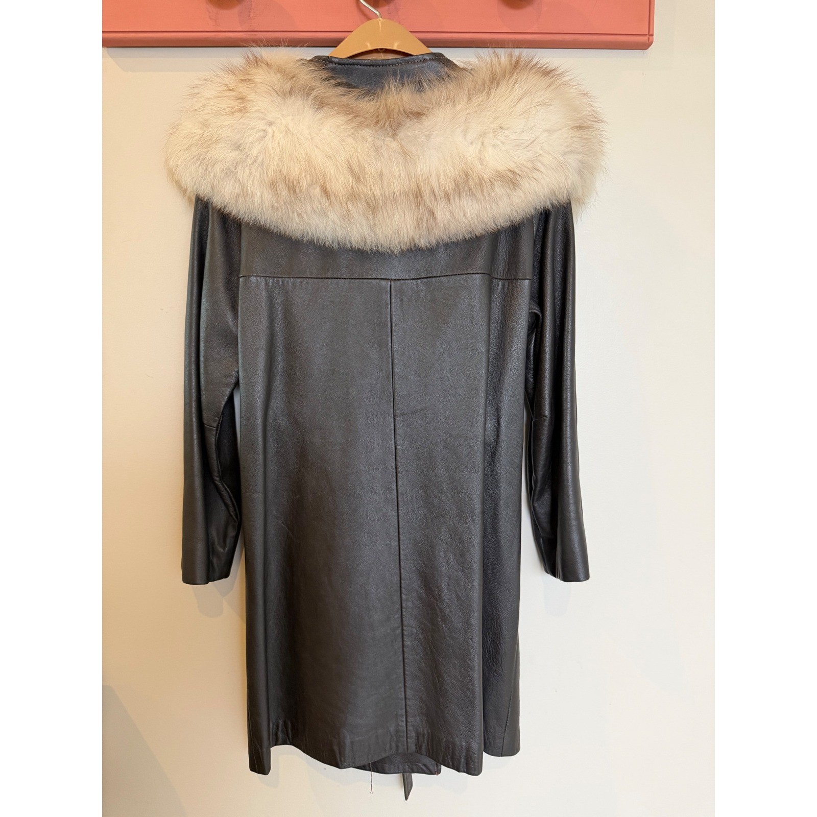 Vintage Brown Leather Trench Coat Fur Collar Belted ILGWU Made USA 60 70’s