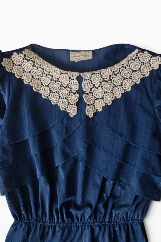 Rice Pudding Ltd Vintage 70s 80s Lace Collar Dress Navy Blue Striped Made in USA