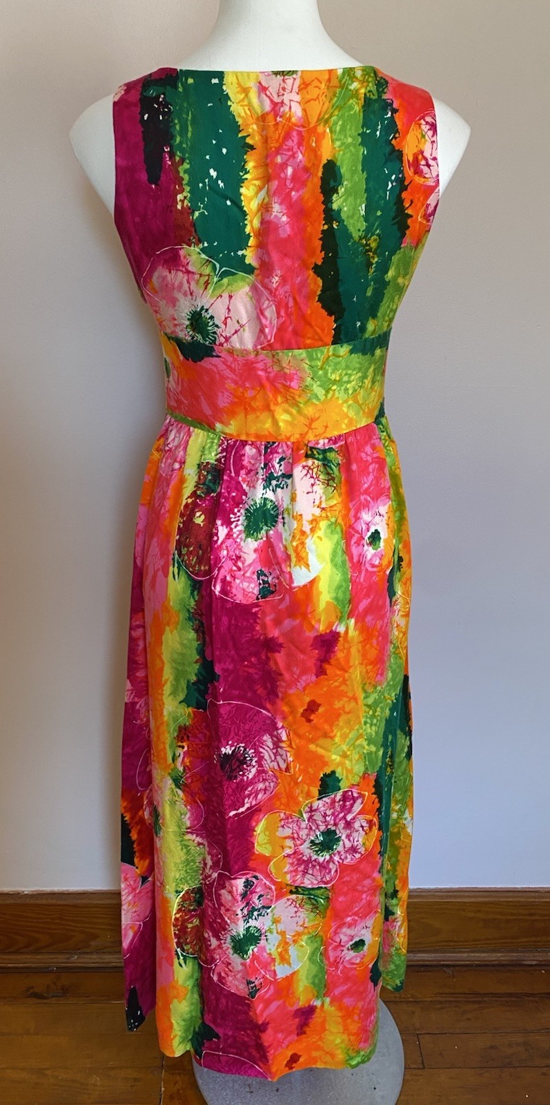 VTG 60s McInerny Psychedelic Hawaiian Sleeveless Button Maxi Dress 8 Medium