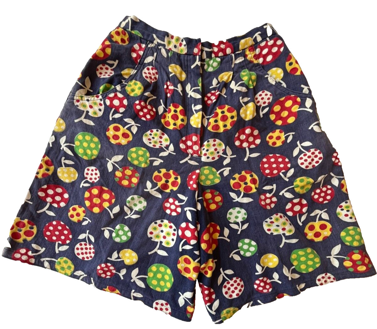 Vintage Womens Shorts Size Small Groovy 1970s Polka Dot Fruit High Waisted Blue