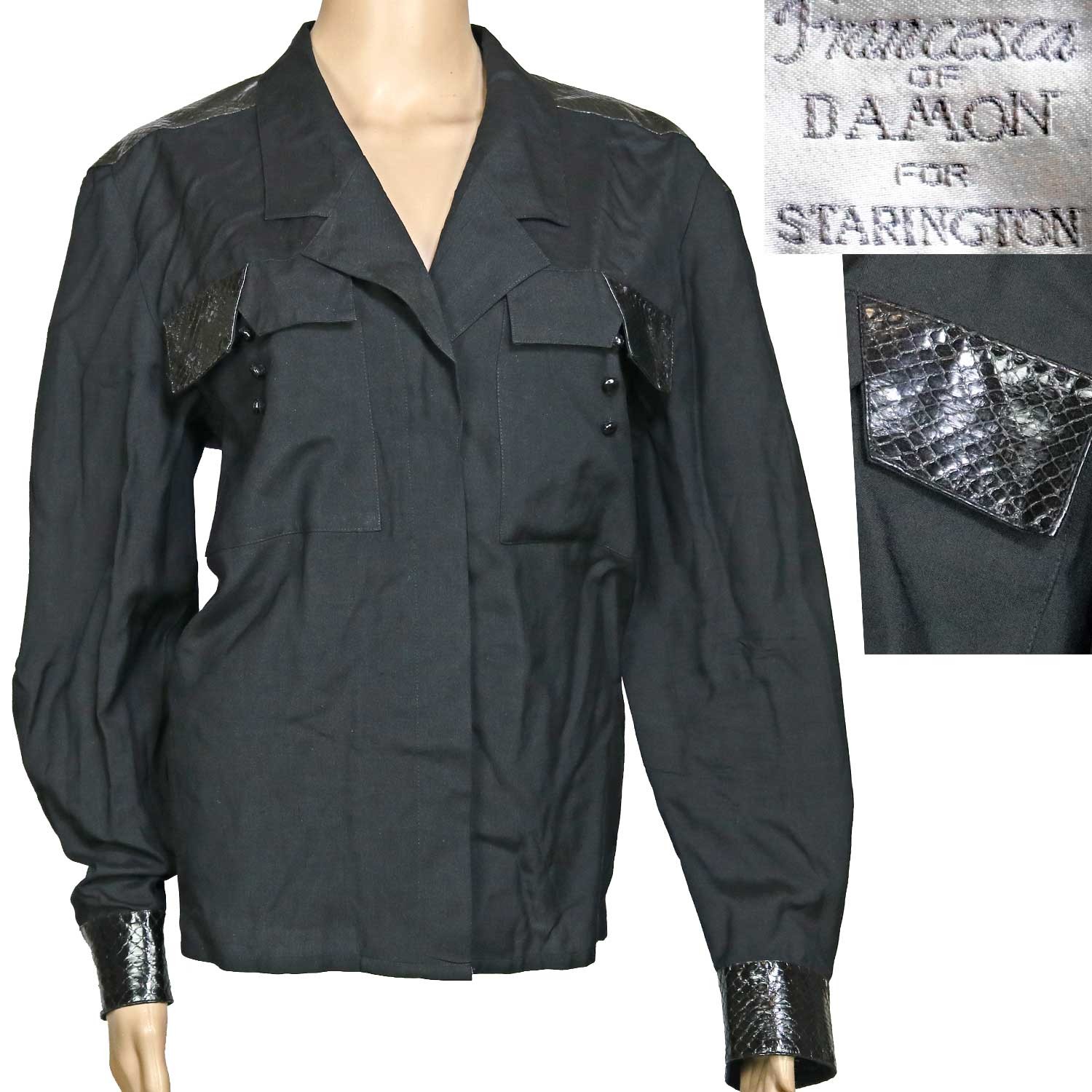 80s Vintage Shirt Blouse Top Black Silk Wool Real Snakeskin Francesca Damon M/L