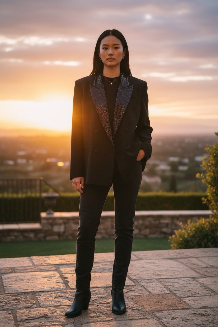 1980’s Black Wool Silk Beaded Blazer Eleanor P Brenner Quiet Luxury Shoulder