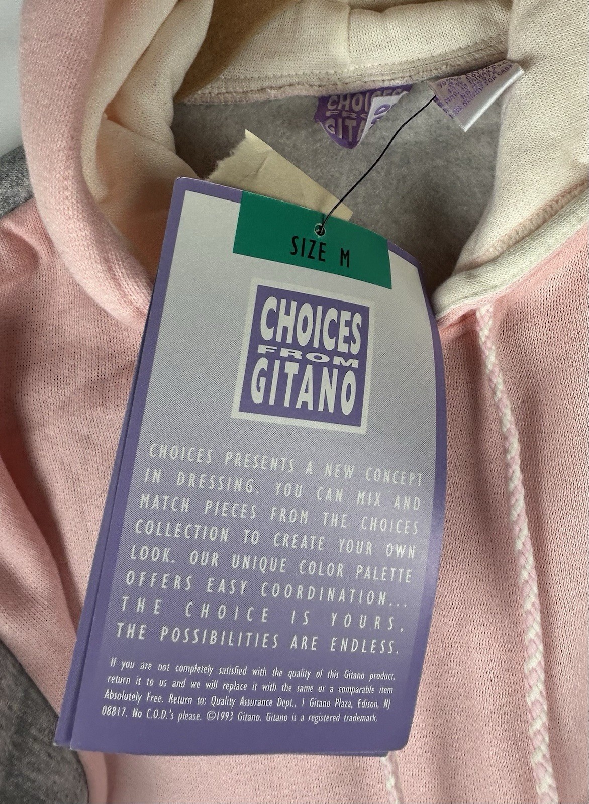 NWT Vintage Choices Gitano Pink Gray Colorblock Hoodie Sweatshirt Womens M