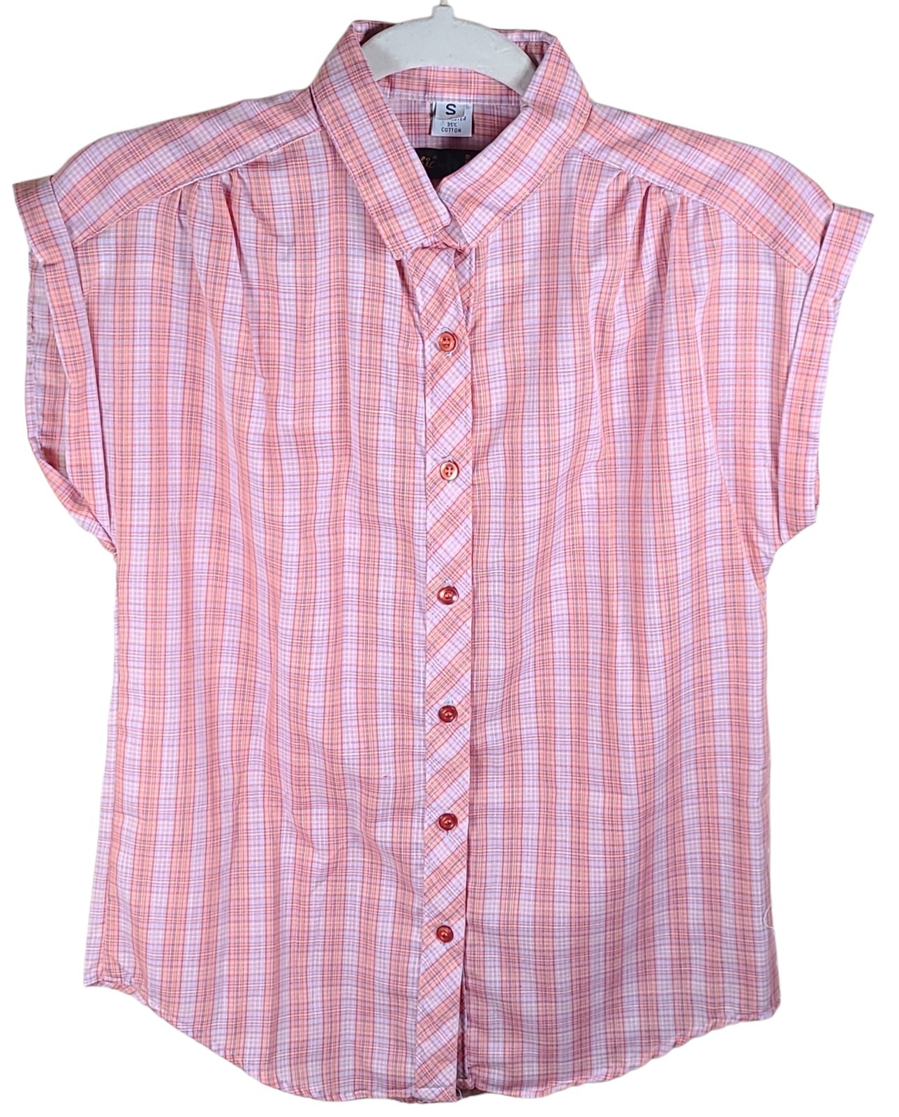 Vintage 80s Small Pink Plaid Womens Cuff Cap Sleeve Casual Button Up Top CHIC