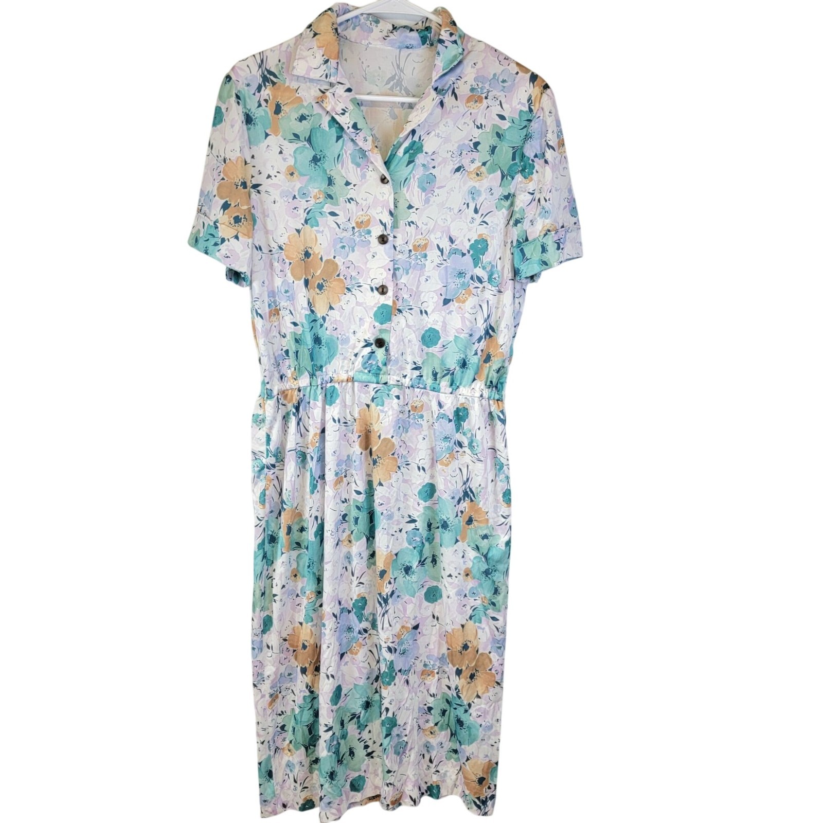 Vintage 70s Nylon Midi Shirt Dress Women Large 12 14 Blue Floral Collar Spring L