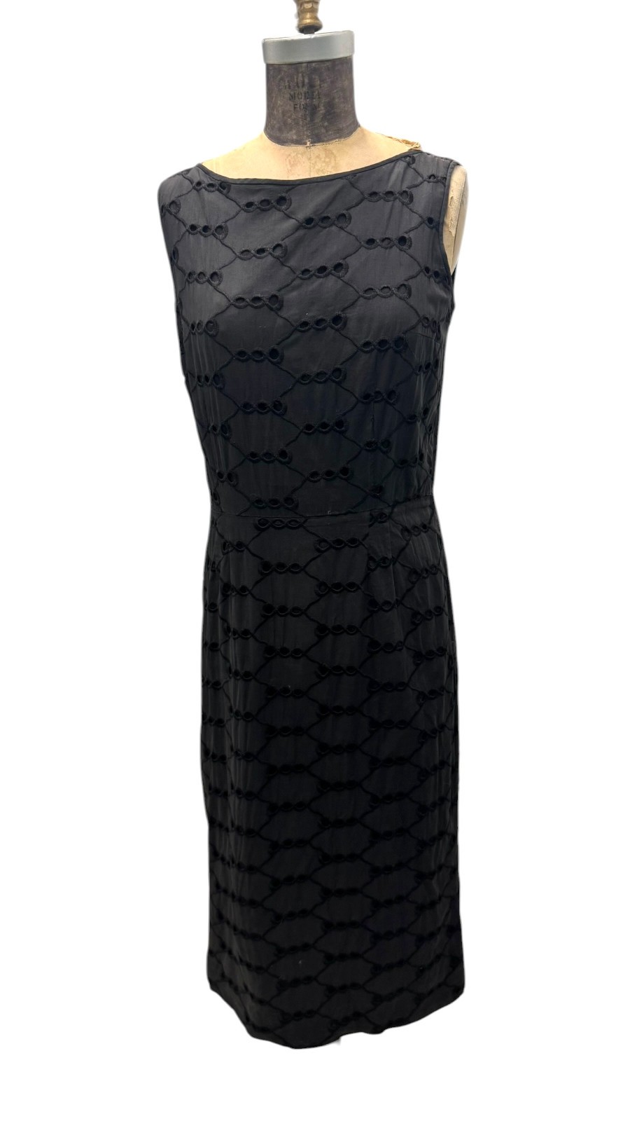 Vintage 1950’s Jerry Gilden Black Fitted Dress With Eyelet Overlay Sm-Md
