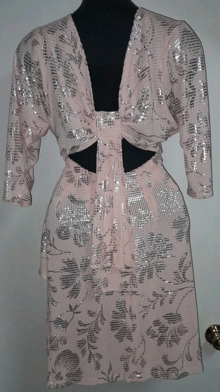 Vtg 70s 80s Disco Petite JOANNA Mesh Silver Floral Pink Backless Sarang Dress S
