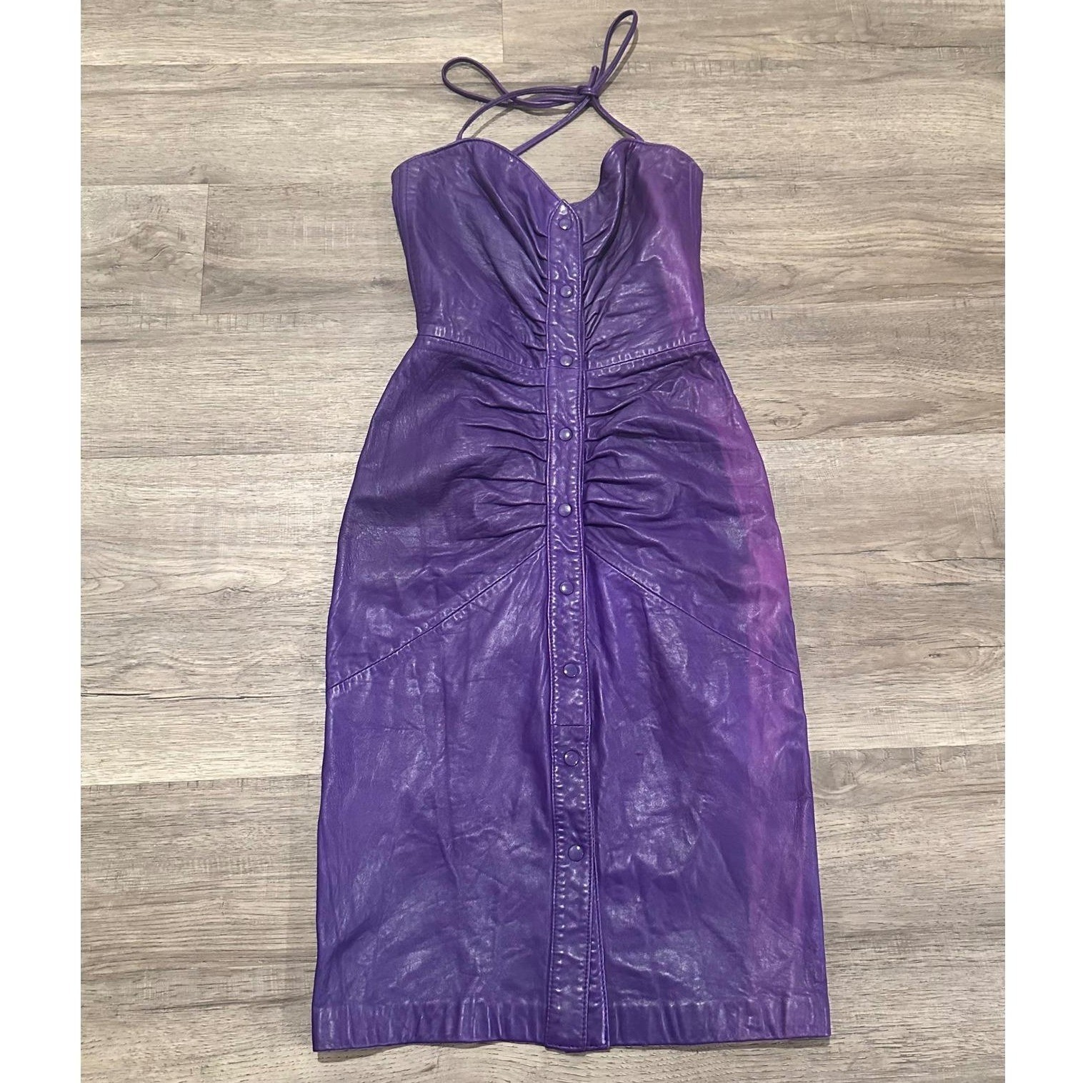 VTG Michael Hoban North Beach Leather Purple Ruched Halter Dress ’80’s Womens S