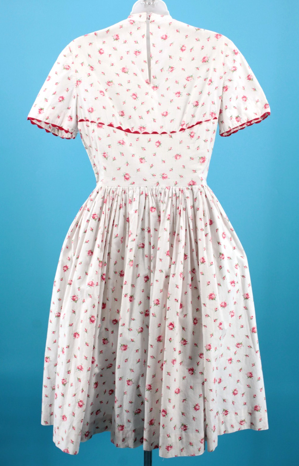Vtg Women’s 50s White & Red Rose Print Cotton Tea Dress Sz XXS/XS 1950s
