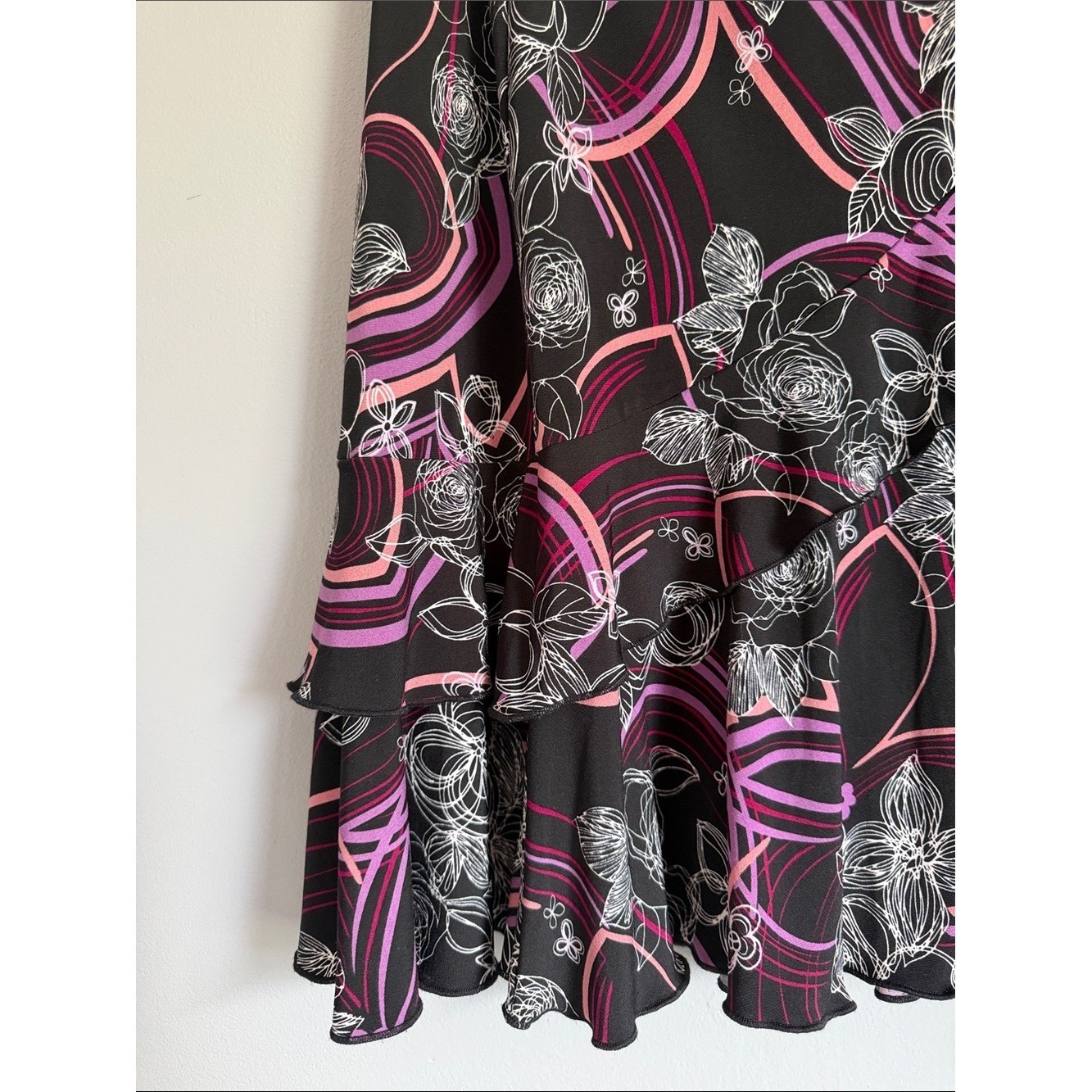 VTG Y2K Abstract Floral Ruffle Midi Skirt Black Pink Purple Chiffon Asymmetric