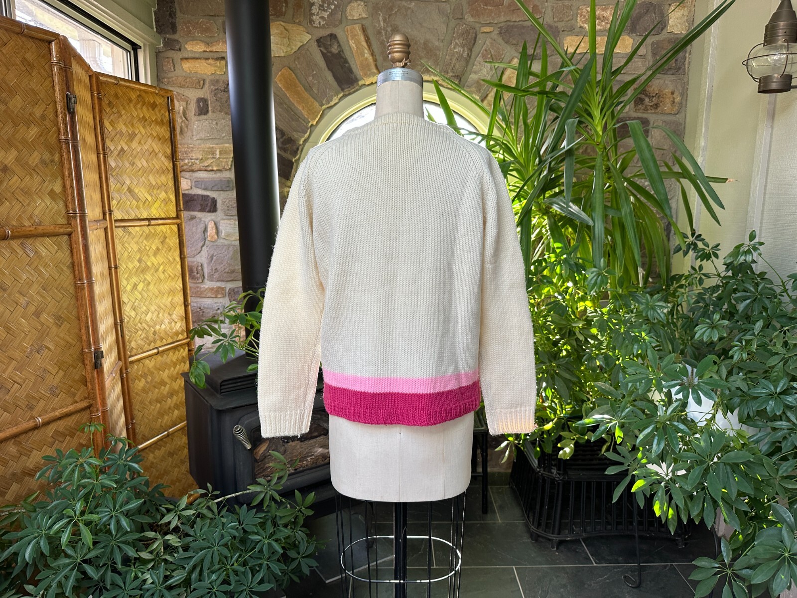 Vintage 1970s Ivory and Pink Embroidered Wool Crewneck Sweater