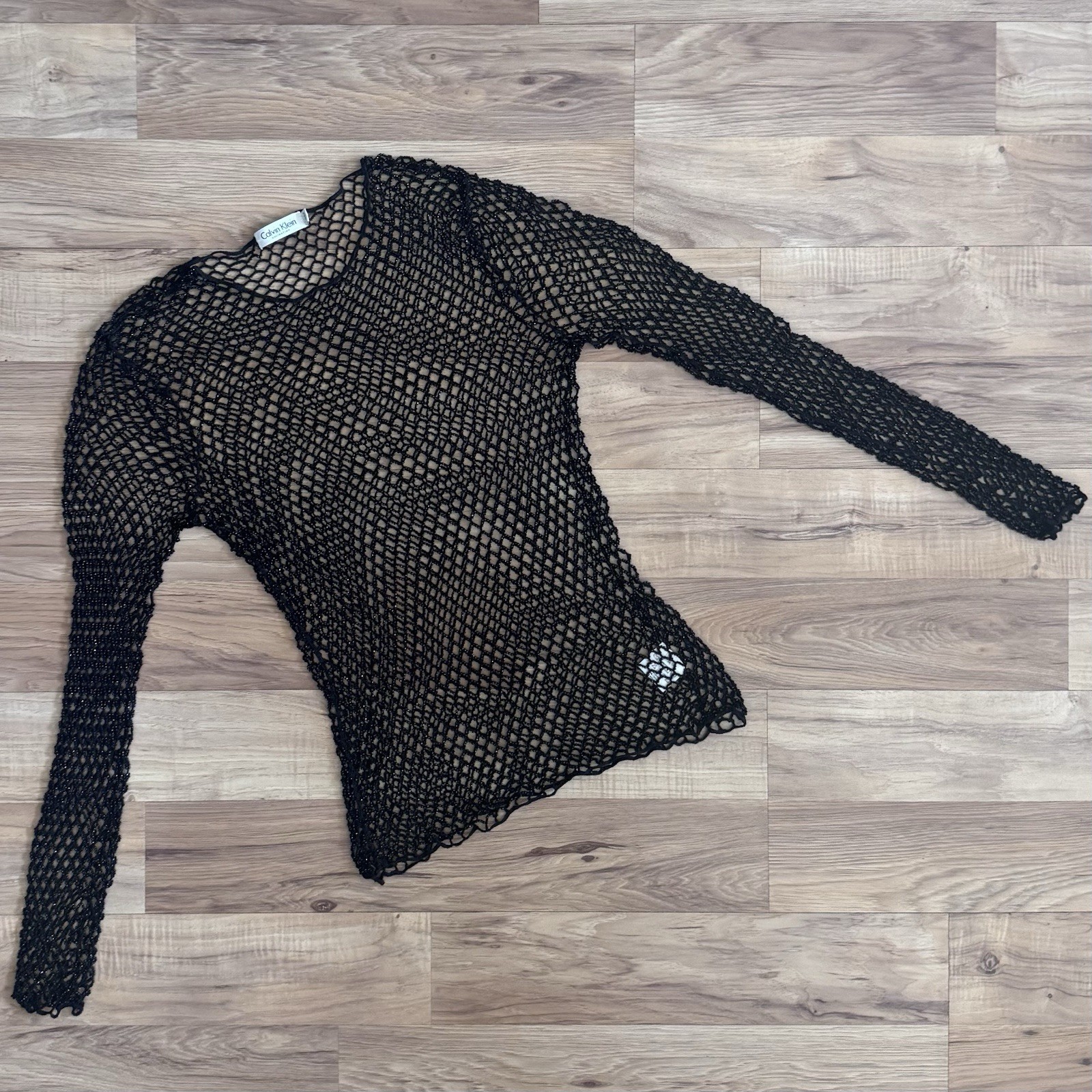 Vtg 90s Calvin Klein Collection Beaded Black Mesh Net Sweater Top Size M