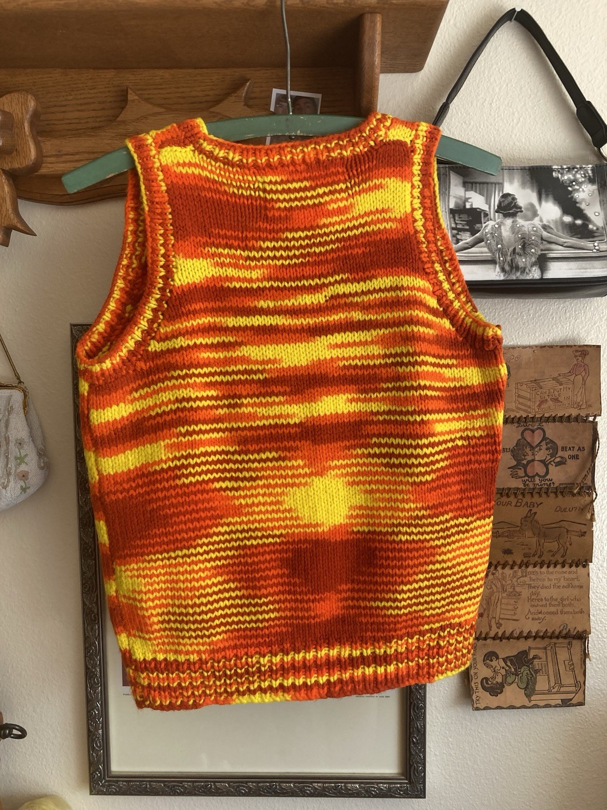 1970s Hand Knit Orange & Yellow Space Dye Sweater Vest
