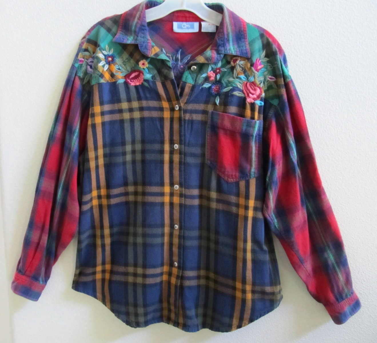 QPS Western Mixed Plaid Floral Embroidery Button-Front Flannel Missy Sz M (44″)