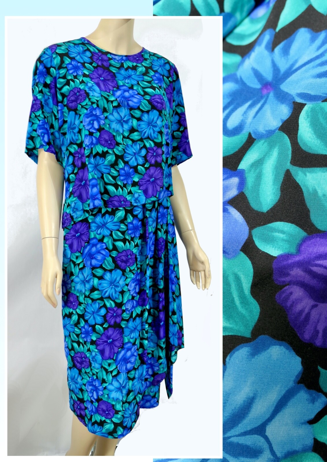 Vintage 80s Silk Studio Royal Blue Hip Sash Peplum Shift Dress L 14W