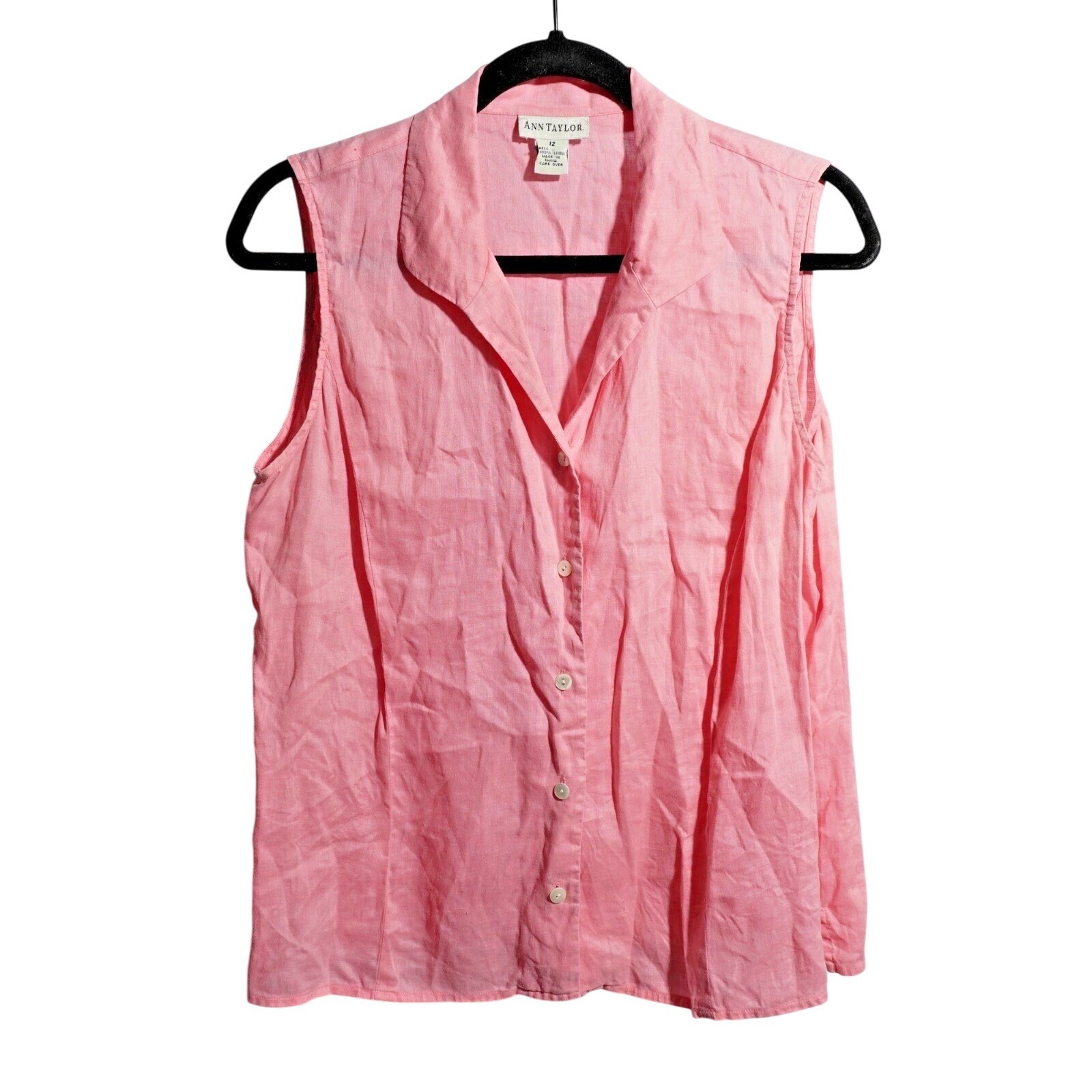 Vintage 90s Ann Taylor 100% Linen Pink Button Up Sleeveless Blouse 12 Classic