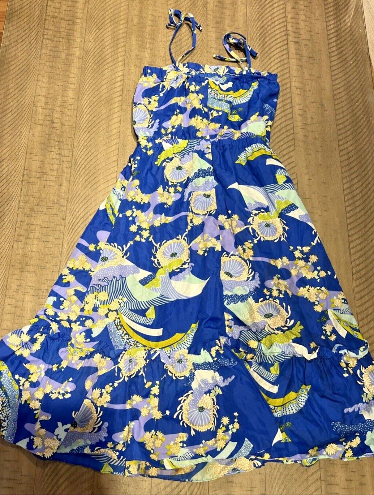 Pomare Hawaii Dress Ruffle Floral Size Medium Blue Retro Summer Tropical
