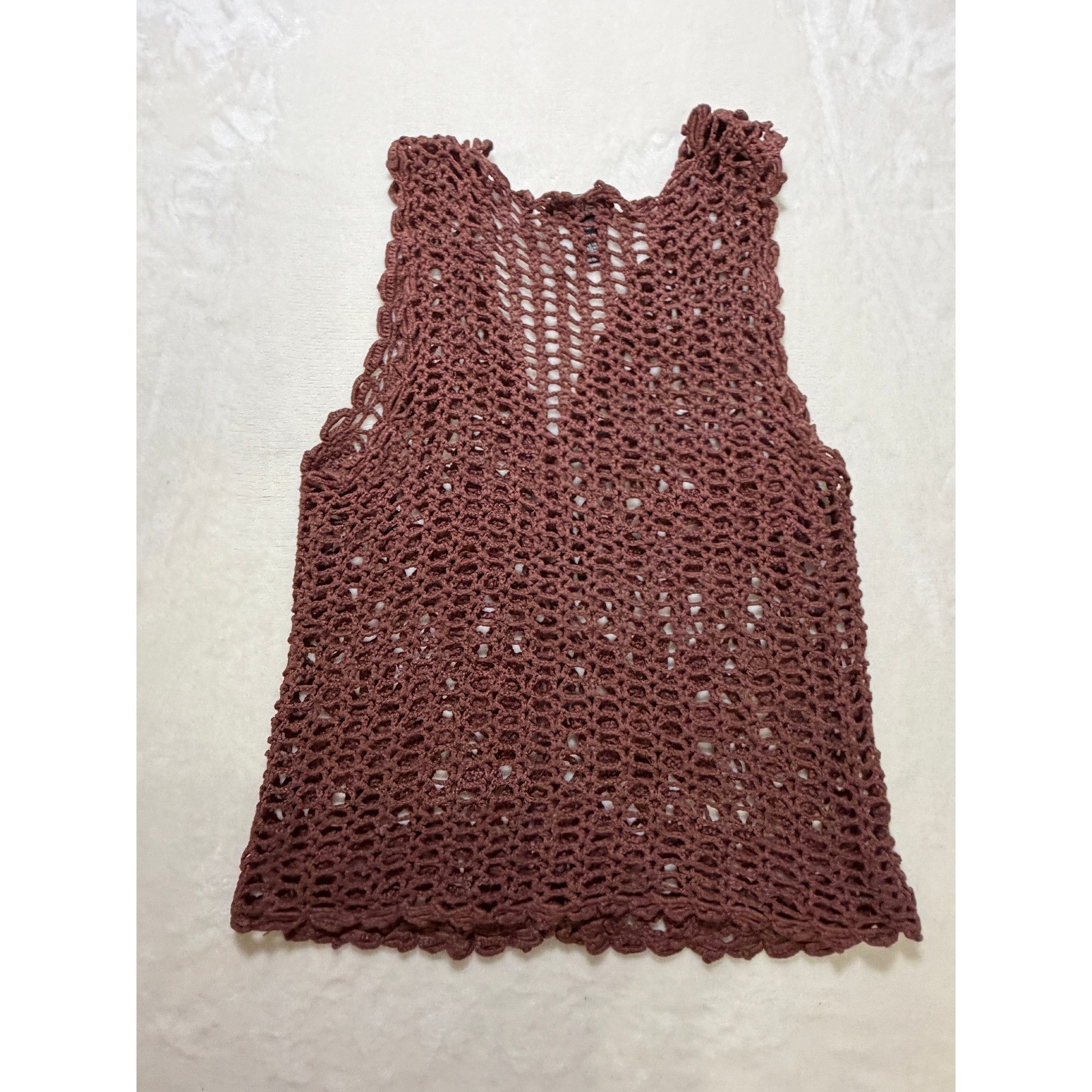One Step Up Brown Vintage Hand Crocheted Floral Vest Women One Size Excellent