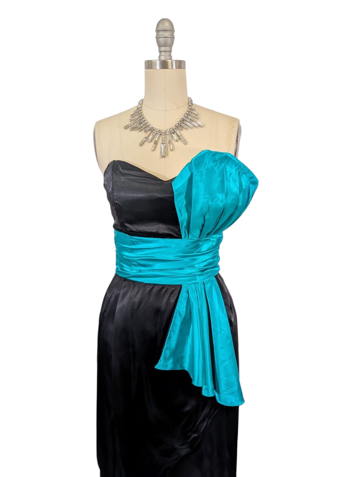 Vtg 80s Prom Dress XS Black Teal Strapless Avant Garde Maxi Glam Satin Hi Low