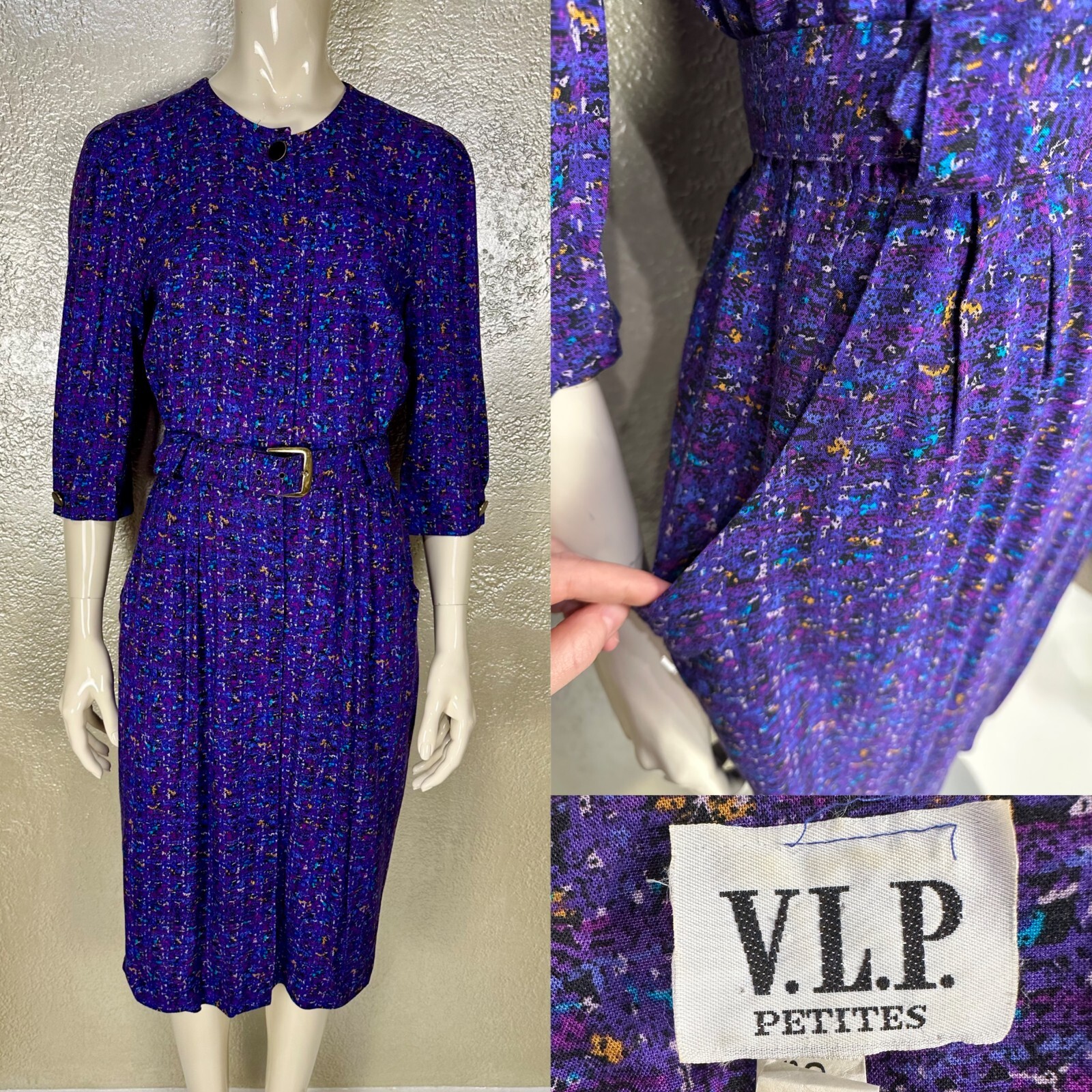 Vintage 1980s Ladies VLP Petites Purple Floral Cotton Dress Pockets W/Belt