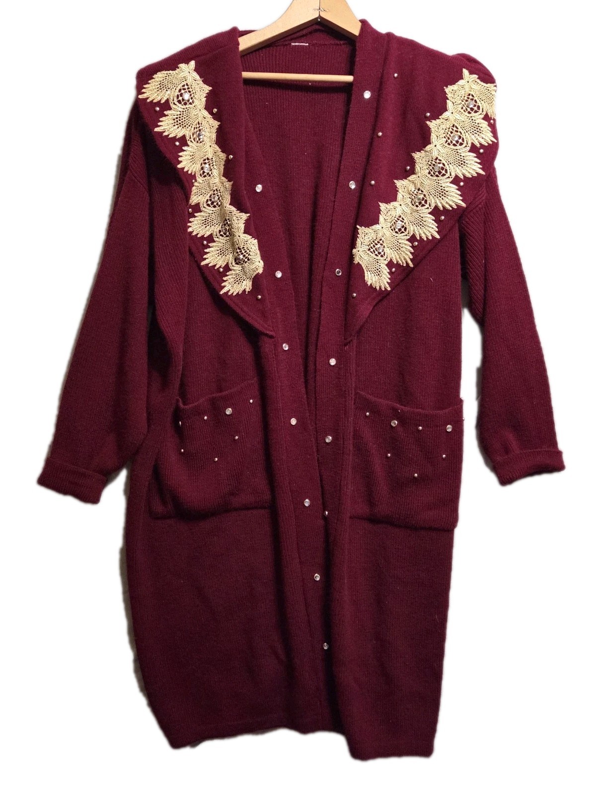 VTG 80s/90s Open Extra Long Sweater Knit Bejeweled Embroidery Lace Women 2XL